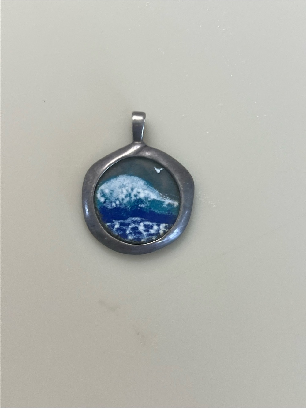 Ocean Wave Round Pendant on old Greek coin- Blue and White